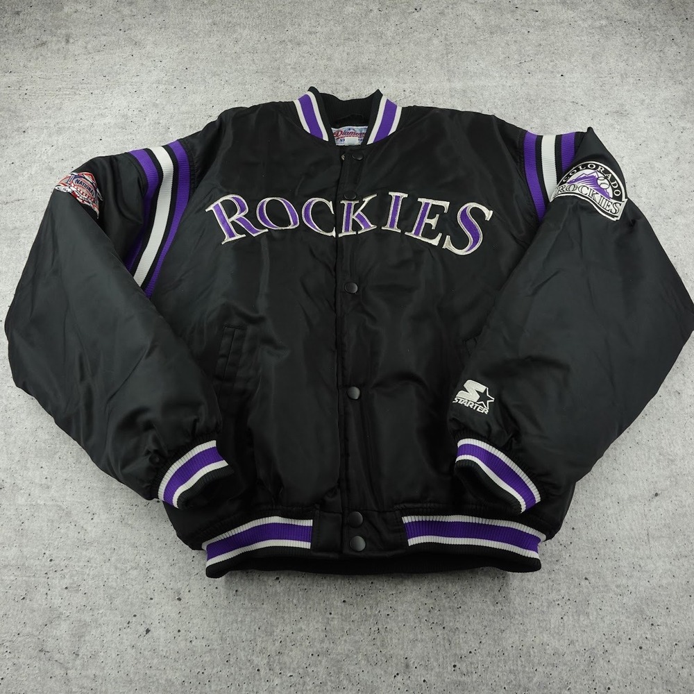 Vintage 90s Starter Colorado Rockies MLB Satin Bomber Jacket Men XL Black Purple